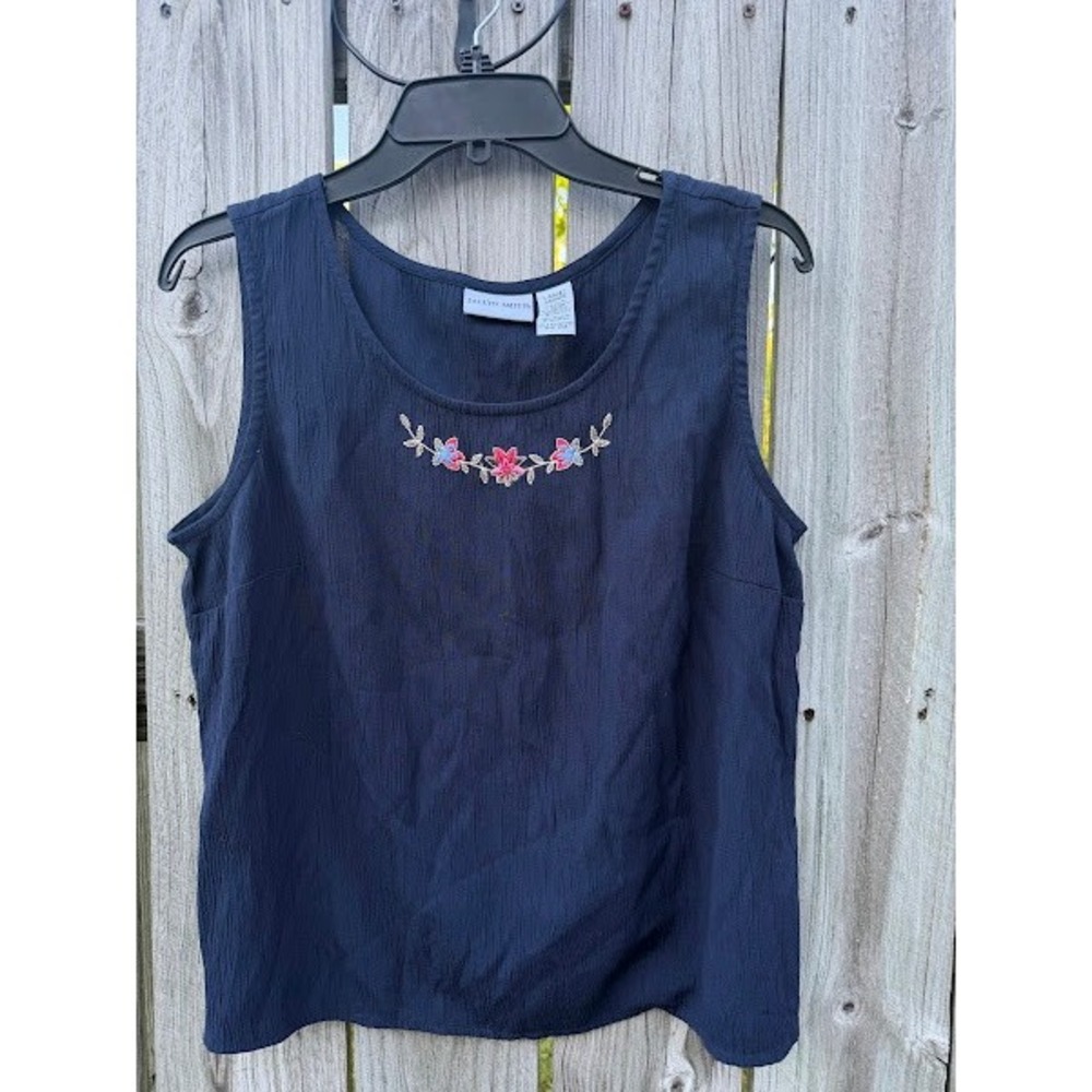 Jaclyn Smith‎ Navy Blue Crinkle Floral Embroidered Tank Top Sleeveless Blouse L